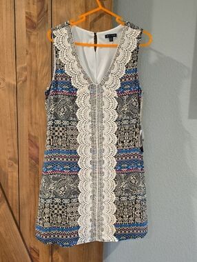 Altar'd State Black Paisley Mini Dress with White Lace & Blue and Pink Accents
